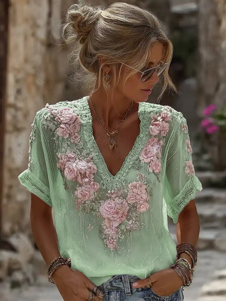 Women's Vintage Resort Embroidered Floral V-neck T-shirt 4972
