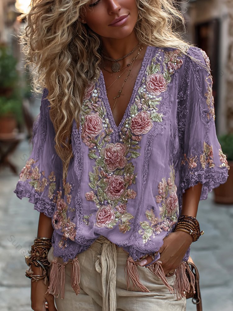 Women's Vintage Rose Embroidery Art Comfy Linen Shirts a266