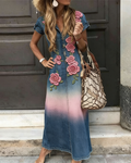 Women's Vacation Gradient Irregular Flowers Embroidery Denim Dress 2954
