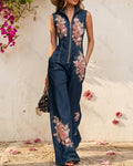 Women's Summer 3D Floral Embroidery Washed Thin Denim Overalls  7479