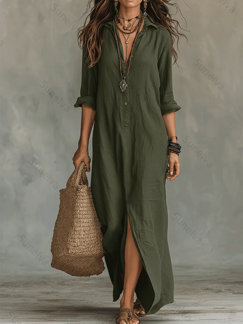 Casual Solid-color Linen-cotton Dress 4b10