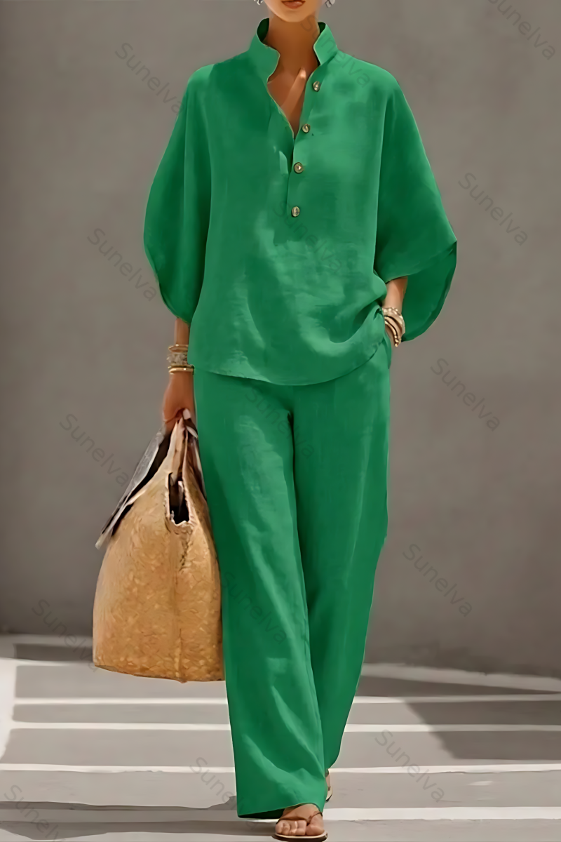 Women’s Batwing Sleeve Linen Cotton Two-Piece Set – Casual Shirt & Wide Leg Pants Outfit 2924