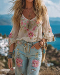 Women's Resort Style Floral Embroidered Linen Top & Pants Two-Piece Set  9267
