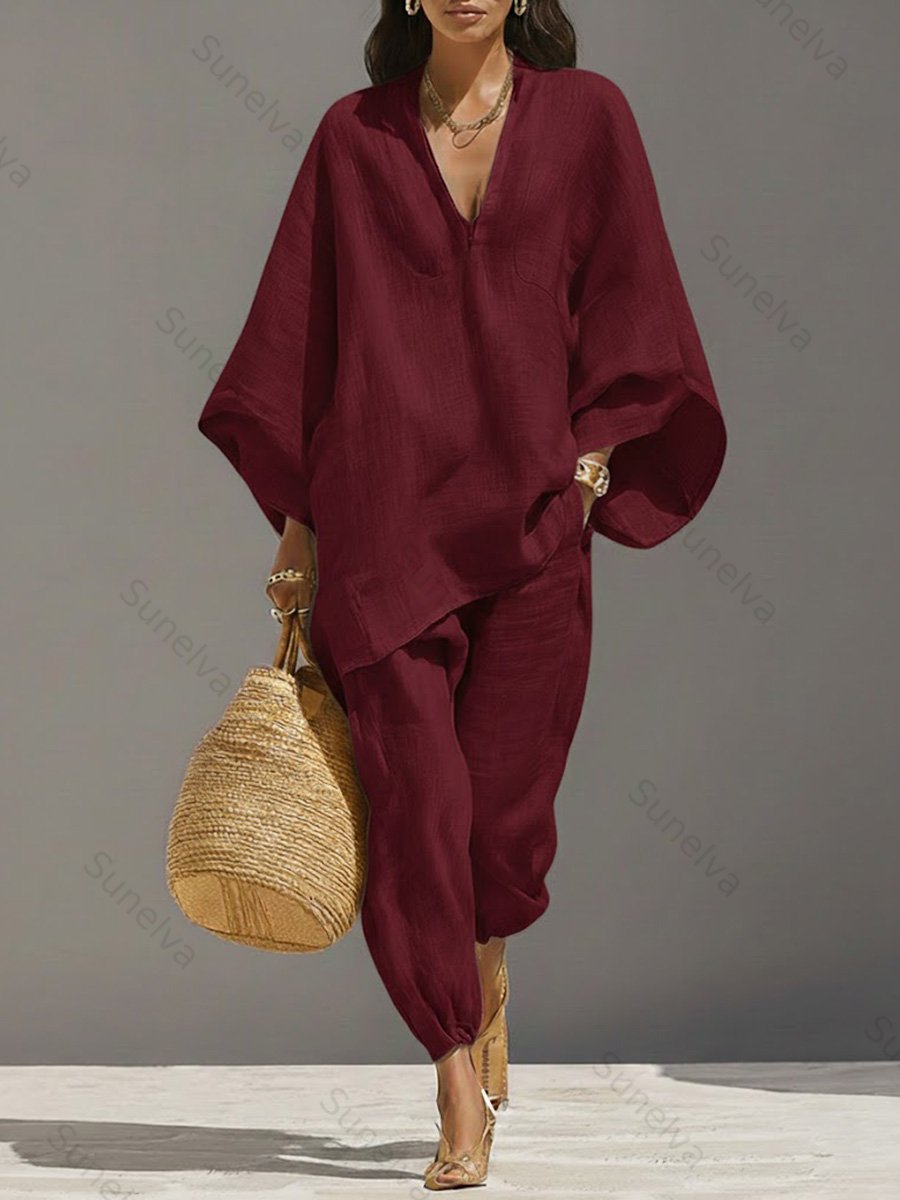 Women's Solid Color V-neck Long Sleeve Casual Loose Cotton Linen Top With Elastic Waist And Wide-leg Pants Set 4aad