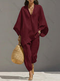 Women's Solid Color V-neck Long Sleeve Casual Loose Cotton Linen Top With Elastic Waist And Wide-leg Pants Set 4aad