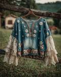 Spring/Summer Bohemian Style Color-Blocked Denim Linen Top3077