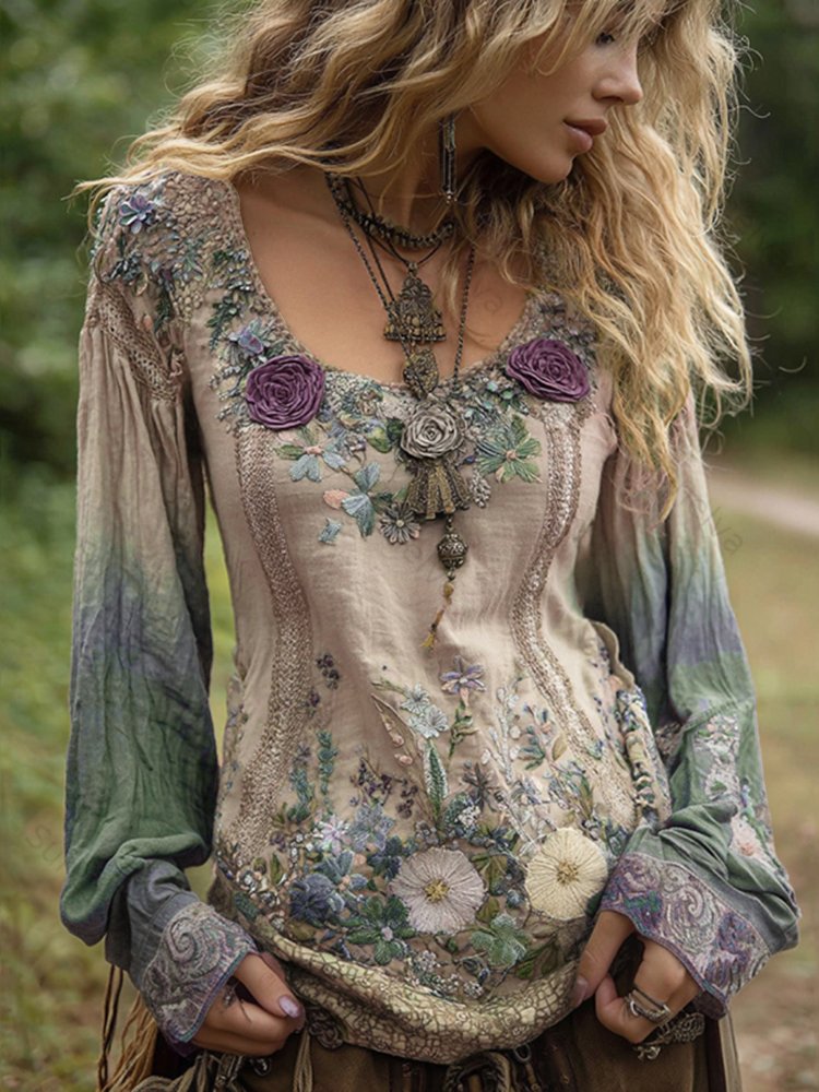 Classy Gradient Purple Lavender And Floral Embroidered Linen Long Sleeve Shirt 6047