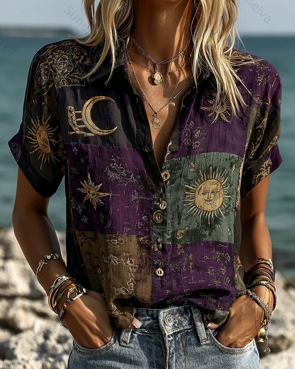 Women's Summer Star and Moon-Themed Embroidered Shirt 9776