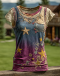 Spring/Summer Bohemian Style Color-Blocked Denim Linen Top9767
