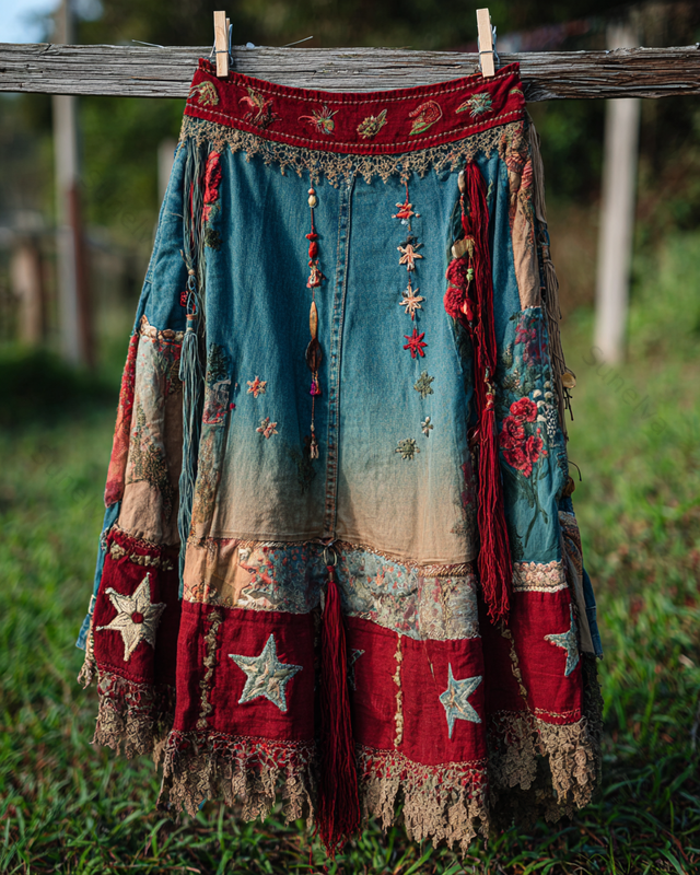 Spring/Summer Bohemian Style Color Block Denim Linen Skirt3934