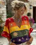 Women's Outdoor Casual Star and Moon Embroidery Color Block Patchwork Linen Top 2487