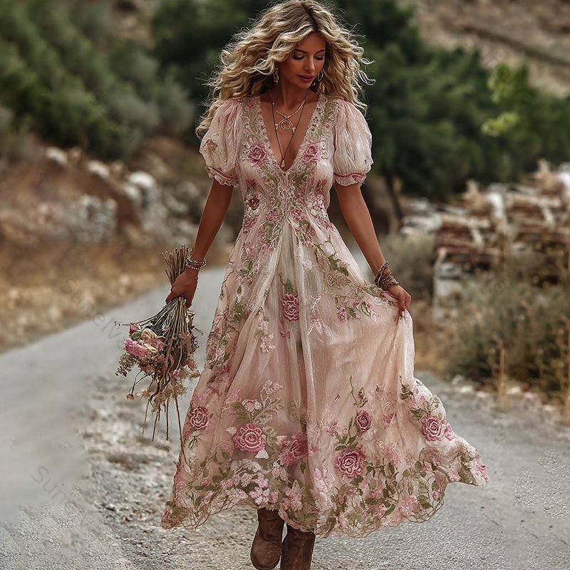Women's Vintage Rose Embroidery Art Comfy Linen Maxi Dress 0ee4