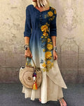 Women's Elegant Asymmetrical Ruffled Denim Patchwork Linen Floral Dress 4372