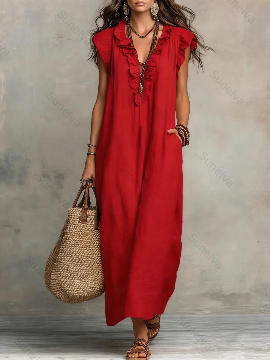 Women's Solid Color Ruffled Art Casual Fashion Cozy Cotton Linen Dress 5e35