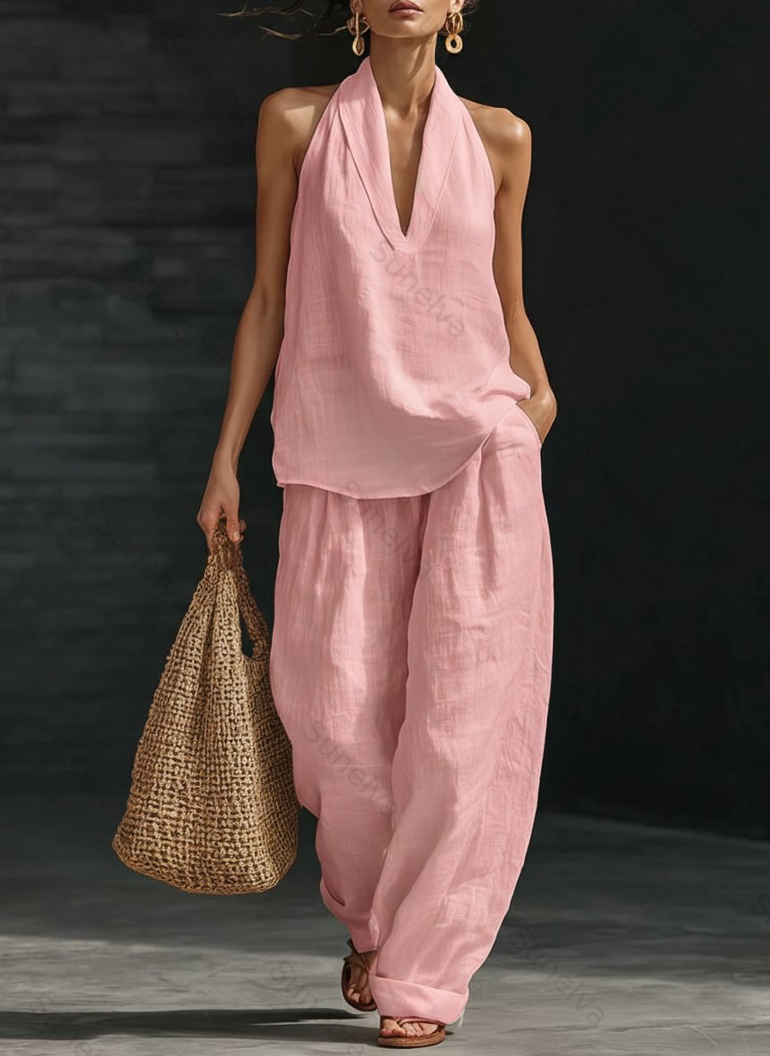 Casual And Cozy Minimalist Linen Two-piece Set 7054