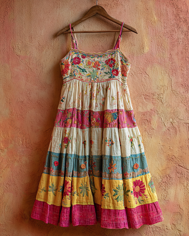 Vintage color-blocked floral midi dress 1201