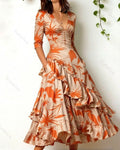 Women's elegant irregular ruffled linen patchwork dress 8078