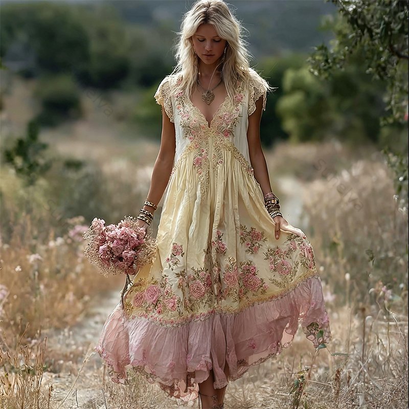 Boho Pink Floral Embroidered Lace Trim Flowy Linen Maxi Dress 1747