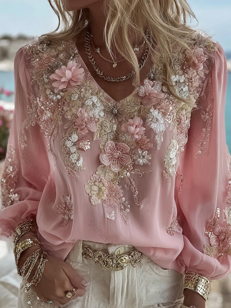 Women's Pink Floral Embroidered Art V-neck Long Sleeve Blouse 95b7