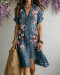 Women's Summer Pink Floral Embroidered Denim Dress 6531