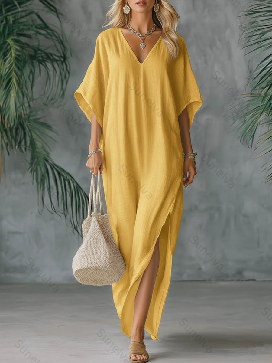 Women's Solid Color V-neck 3/4 Sleeve Casual Loose Cotton And Linen Dress c6a5