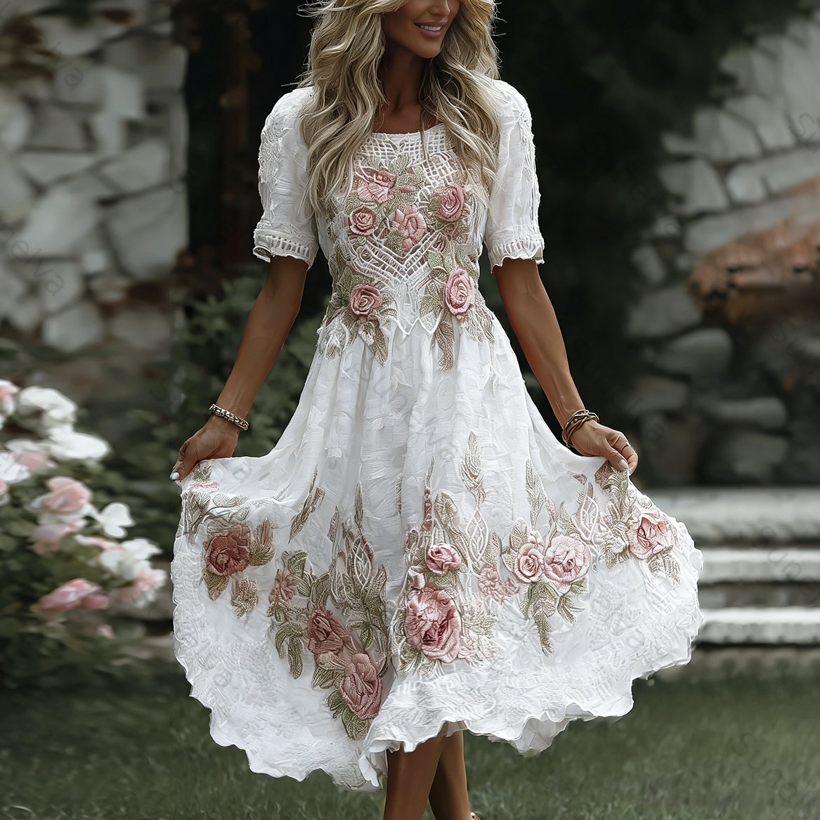 Women's Floral Art Print Flowy Linen Blend Casual Short Sleeve Maxi Dress dd62