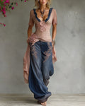 Women's Summer Flowers Embroidery Linen Patchwork Top & Pants Two-Piece Set 4036