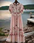Women's Summer Floral Embroidered Color-Block Short-Sleeve Dress 7810