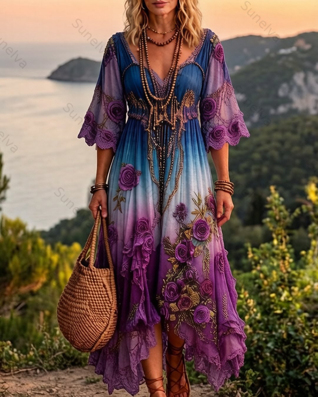 Women's Summer Elegant Floral Embroidery Gradient Chiffon Dress  4431