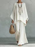 Women's Comfortable, Loose-fitting Linen And Cotton Top And Wide-leg Pants Two-piece Set. cc31