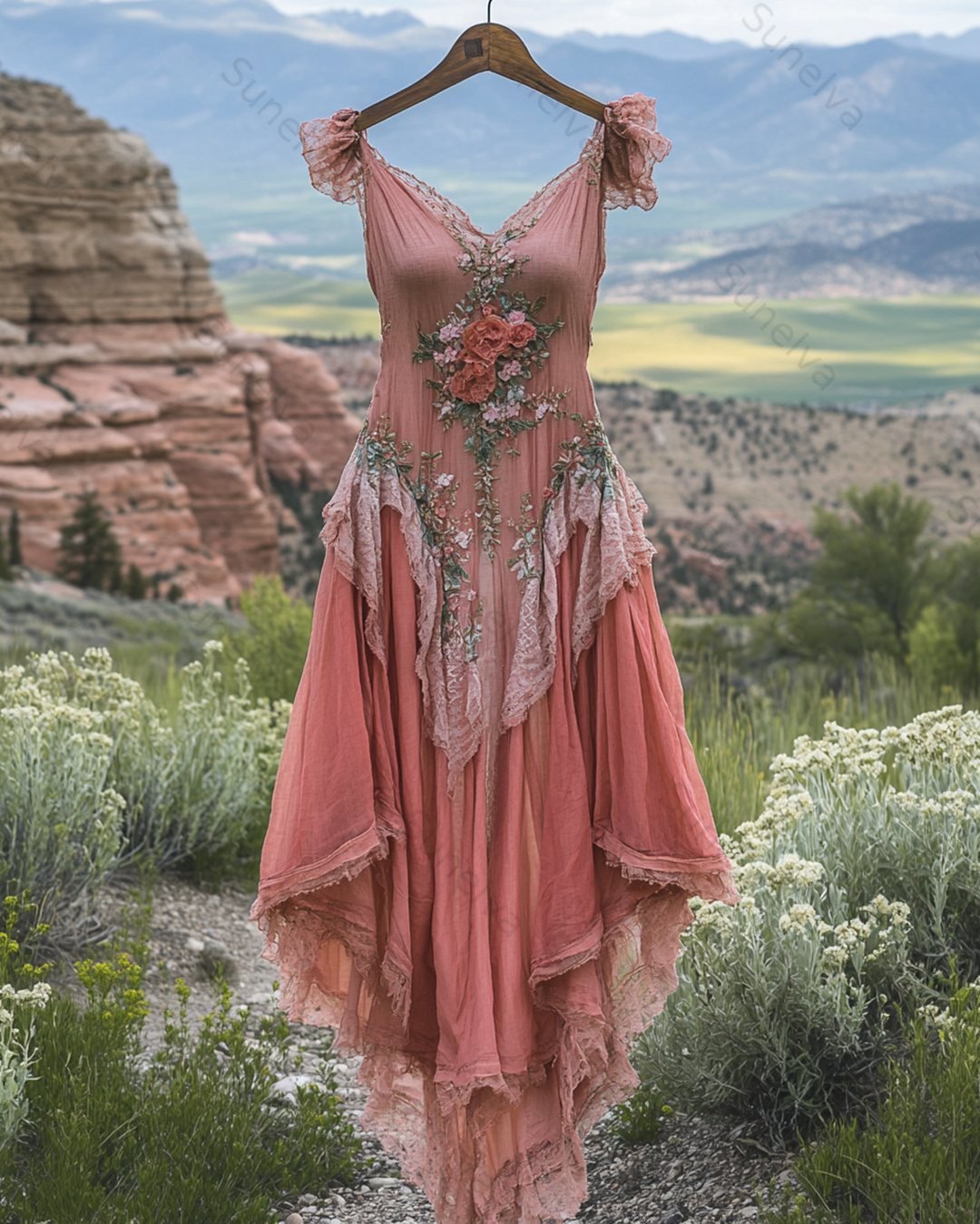 Women's Summer Floral Embroidered Patchwork Linen Dress 8264