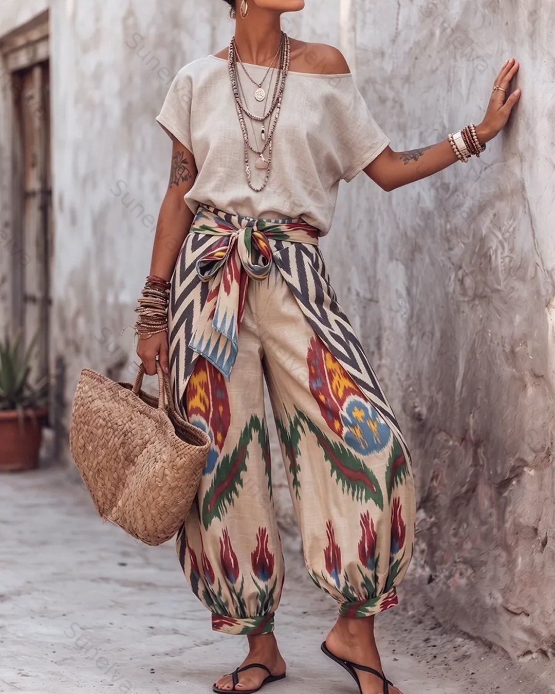 Elegant and stylish Bohemian-style embroidered top and pants two-piece set  6125