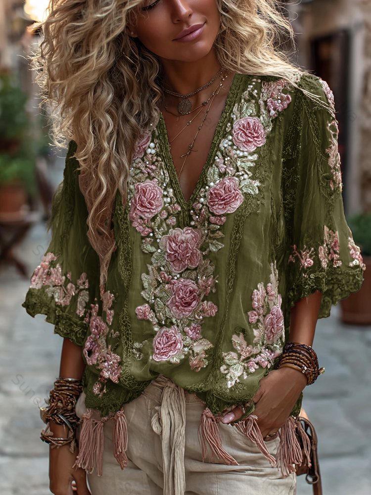 Women's Vintage Rose Embroidery Art Comfy Linen Shirts a266