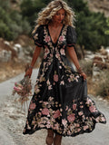 Women's Vintage Rose Embroidery Art Comfy Linen Maxi Dress 0ee4