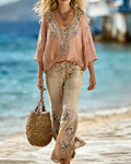 Women's Resort Style Bohemian Floral Print Linen Top & Pants Two-Piece Set  1178