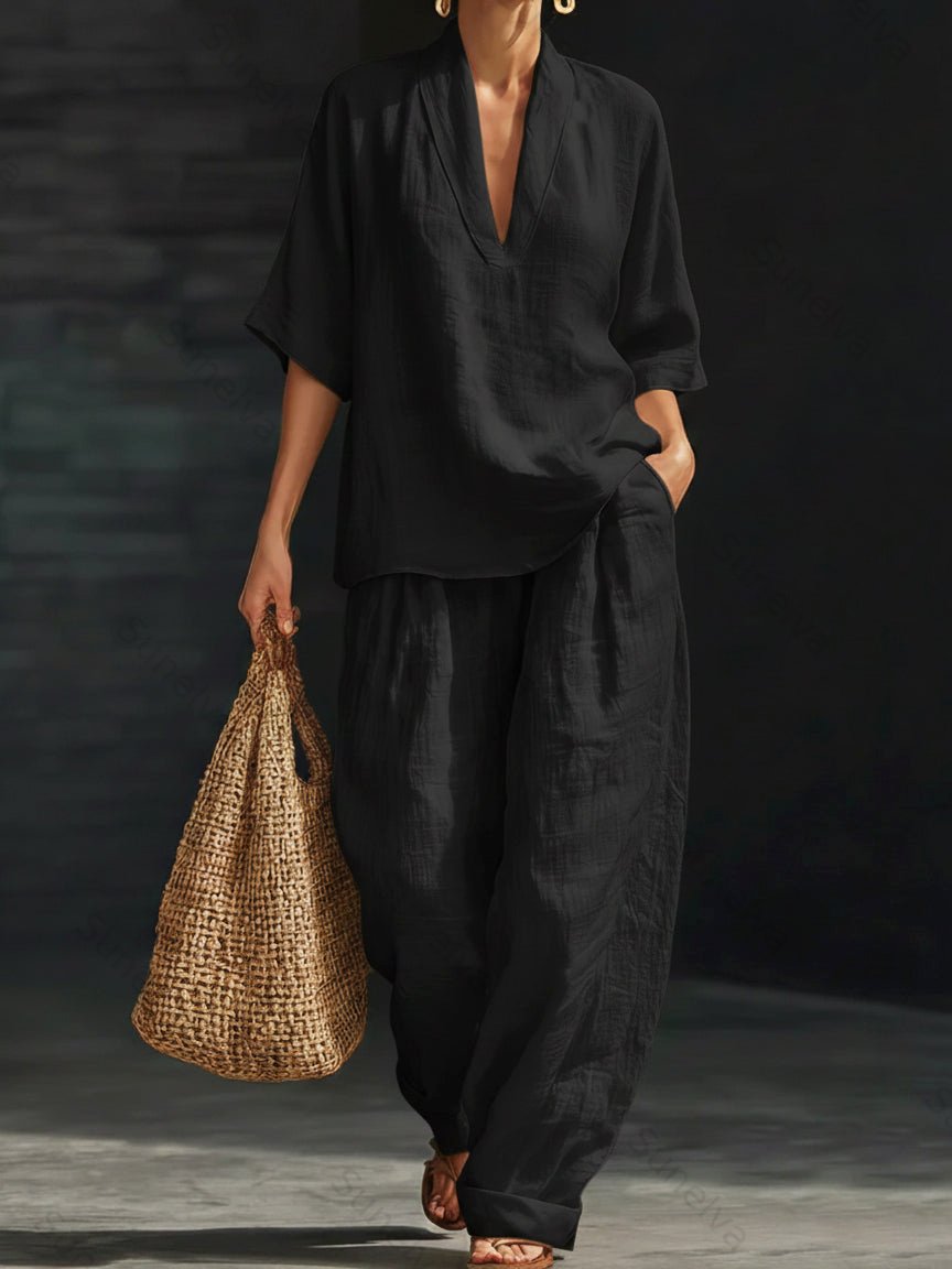 Casual And Cozy Minimalist Linen Two-piece Set 8539