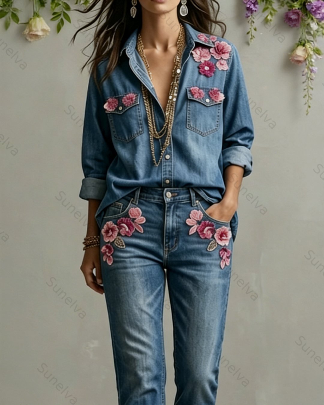 Women's Summer Pink Floral Embroidered Denim Two-piece set (top & pants) 2010