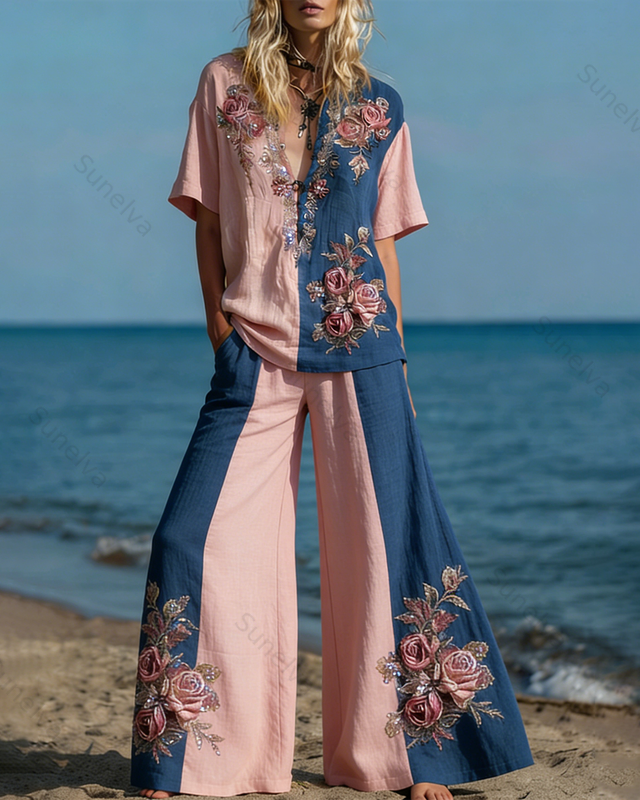 Women's Spring Elegant Floral Embroidery Color-Blocked Linen Suit 7714