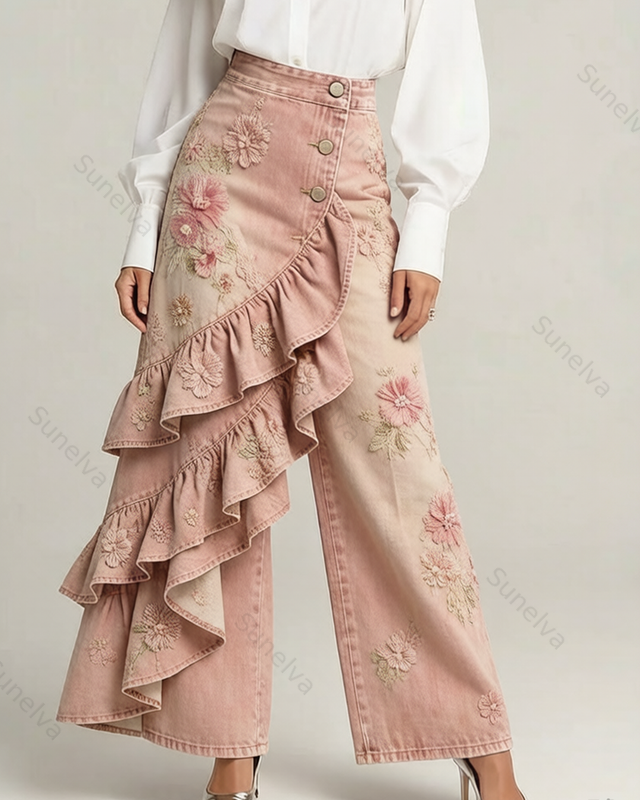 Women's Summer Elegant Floral Embroidery Ruffled Patchwork Gradient Denim Jeans  9932