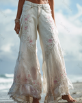 Women's Outdoor Fashion Floral Embroidered Denim Linen Pants 2074