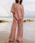 Women's Summer Resort Floral Embroidered Linen short-sleeved top & Pants Two-Piece Set   9886