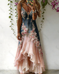 Women's Elegant Gradient Floral Embroidered Denim Dress 3442