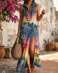Women's Summer Butterfly Embroidered Washed Denim Dress 6850