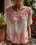 Women's Summer Fashion: Gradient-Printed Floral Embroidered Linen Short-Sleeve Top 4272