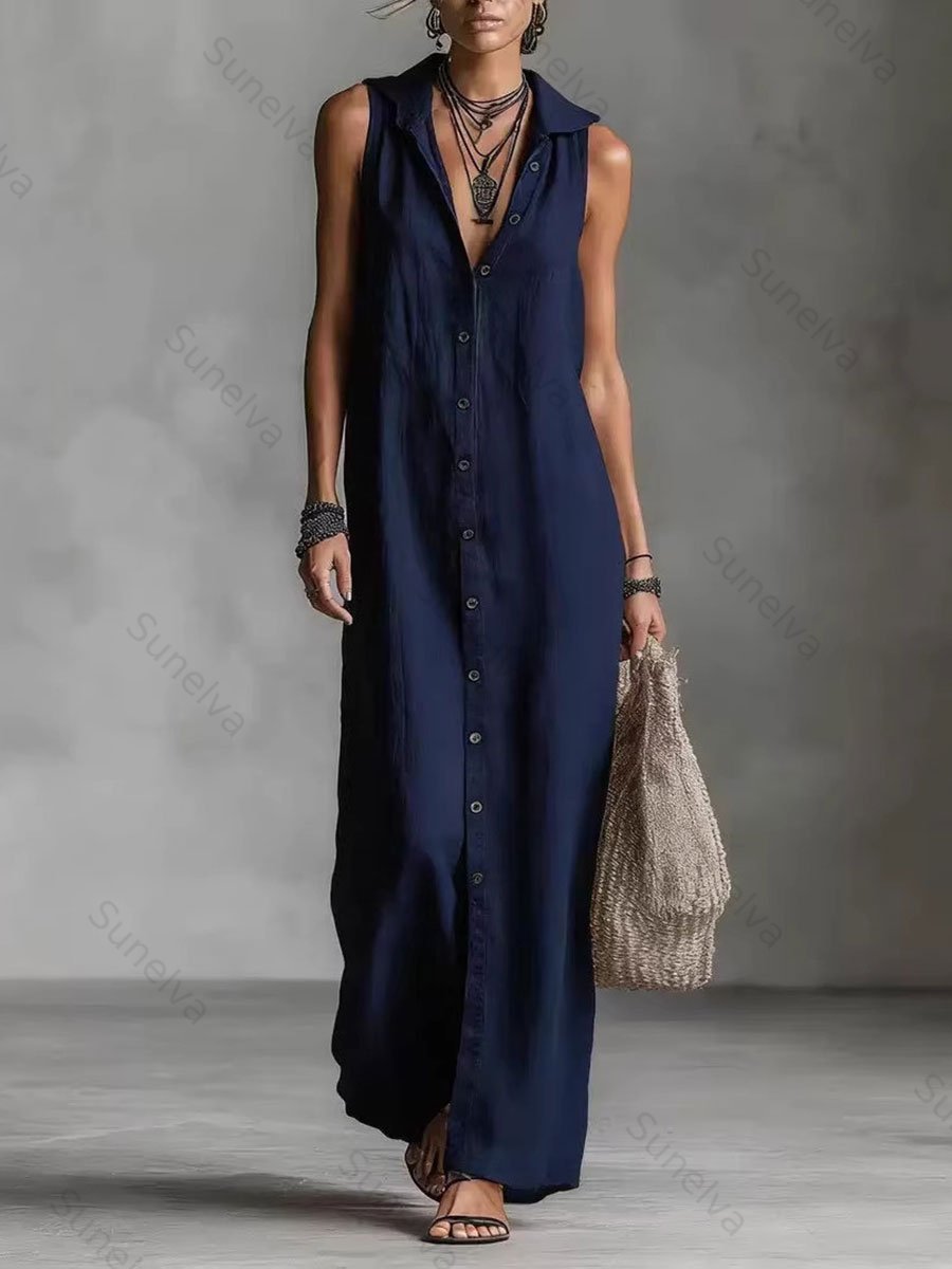 Women's Retro Hooded Solid Color Long-sleeved Cotton Linen Dress 0f4c