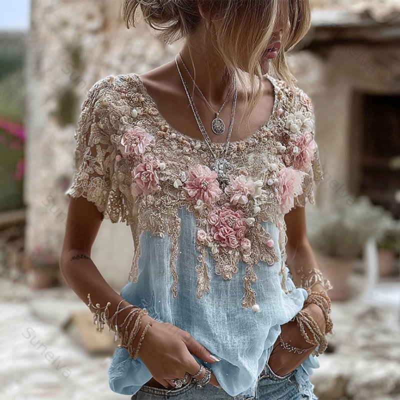 Women's Pink Rose Embroidery Art Round Neck Short Sleeve Linen Blend T-shirt 29bd