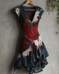 Women's Summer Vacation Style Irregular Ruffled Floral Embroidered Mini Dress 4147