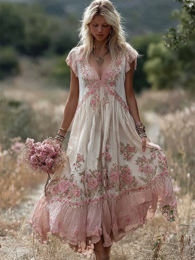 Boho Pink Floral Embroidered Lace Trim Flowy Linen Maxi Dress 1747
