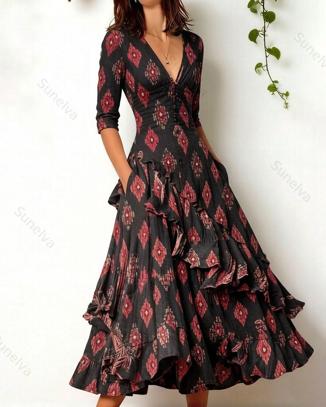 Women's Retro Elegant Fashion Printed Irregular Ruffle Patchwork Dress 4845