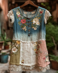 Women's Gradient Lace Patchwork Flowers Embroidery Blouse 3866